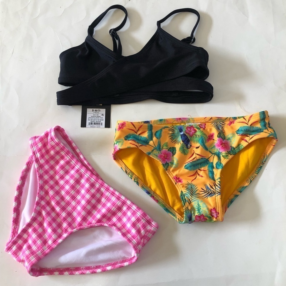 Bundle 3Pc Art Class Cat & Jack Cutout Bralette checker Tropical Bikini Bottoms